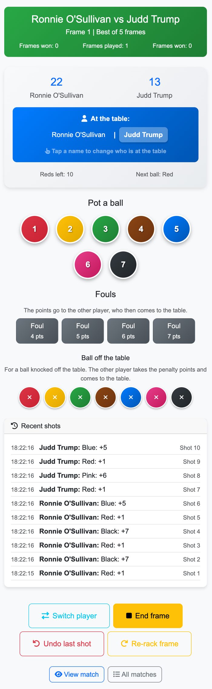 Phone scoring screen with ball buttons, fouls and recent shots
